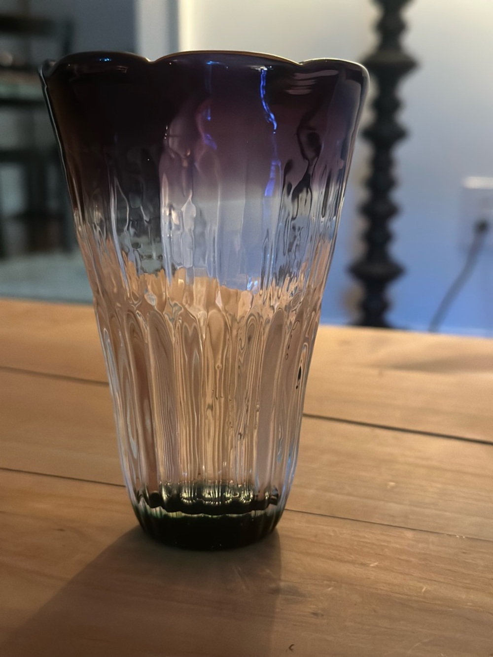 Six (6) Anthropologie Saintpaulia Purple-Rim Clear Ribbed Glass Vase